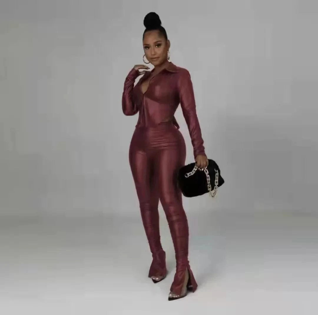 S / Burgundy Hot Selling Sexy Backless Pu Two Piece Set Autumn Long Sleeve Turn-down Collar Shirt Side Slit Pant Leather 2 Piece Set Women