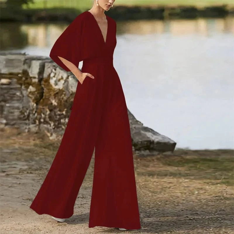 S / Burgundy Plus Size Elegant Office Jumpsuits Women Long Rompers 2024 Summer Casual Solid Color Ruffled Off Shoulder Overalls Streetwear