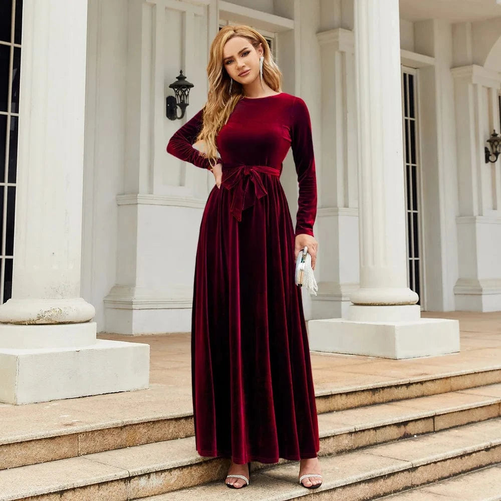 S / Burgundy Spring Autumn Hot Sale Velvet Full Sleeve Back Zipper Women Long Casual Dresses Belt Temperament Dress