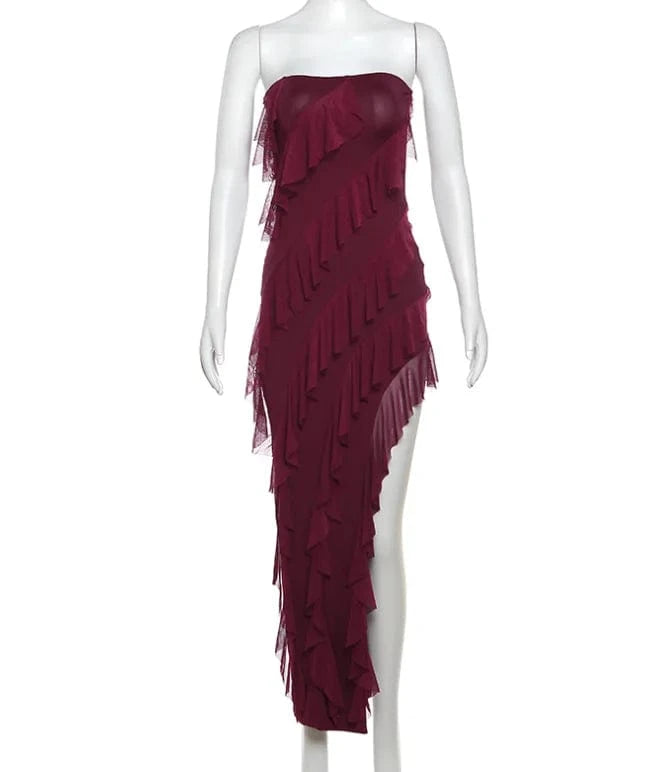 S / Burgundy Summer Chic Slit Maxi Dress 2024 Fashion Strapless Bodycon Dresses For Women Sexy Party Split Ruffles Long Dress