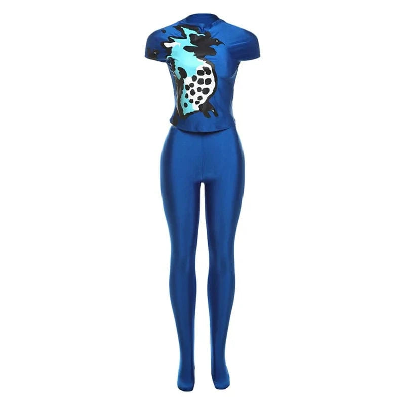 S / C327ST Blue Bomblook C327ST Patchwork Short Sleeve Top With Full Leggings Sportswear Print 2 Piece Set Women Summer Butt-lifting 2024 Suits