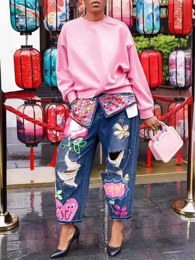 S / C430PT Dark blue Colorful Embroidered Ripped Baggy Jeans