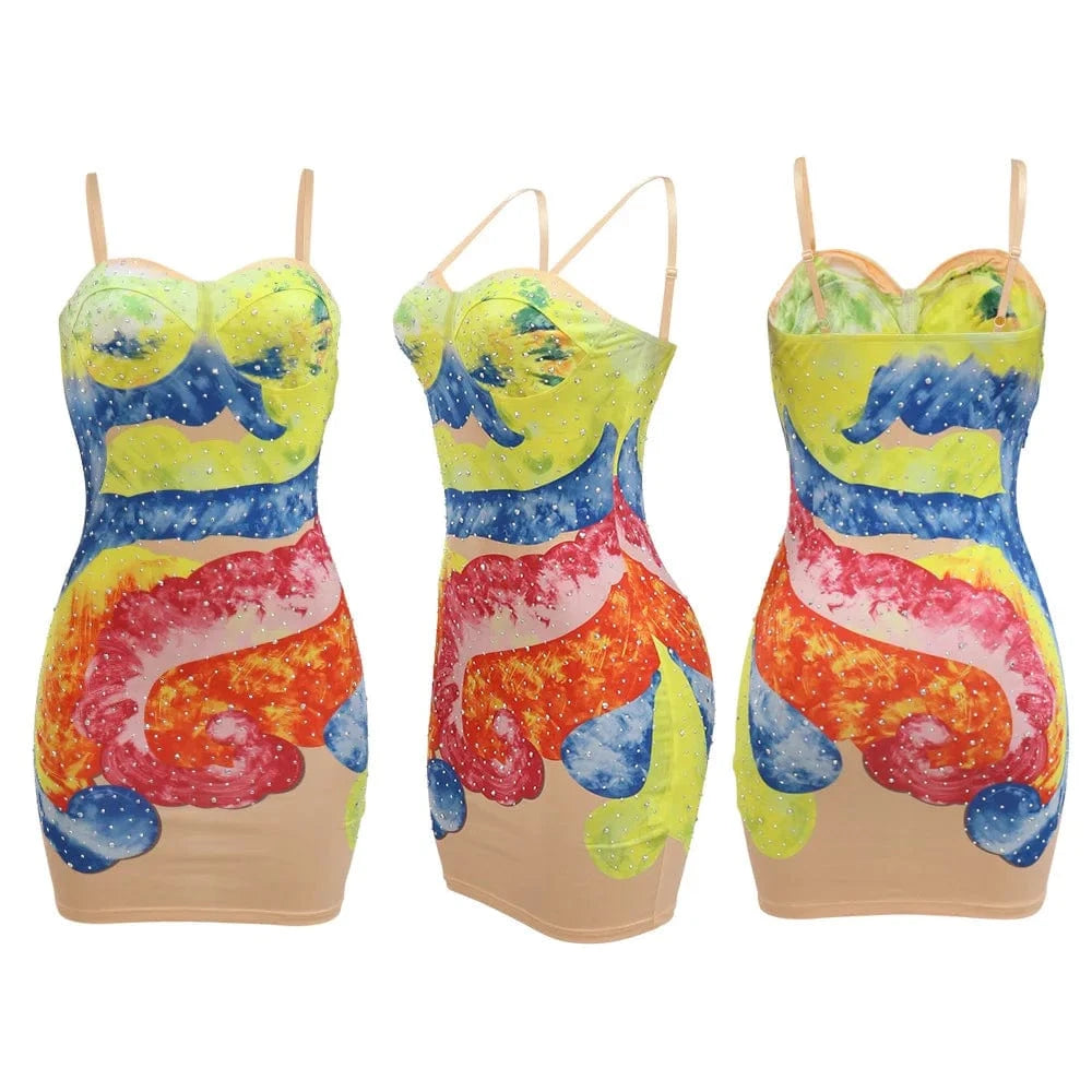 S / C509DS01 multi color Bomblook C509DS01 Summer Bodycon New Design Ladies Tie Dye Print Women's Clothing Rhinestone Mini Party Patchwork Dress 2024