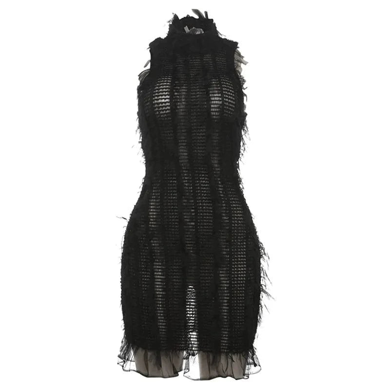 S / C524DS01 Black Bomblook C524DS01 2024 Summer Sexy Outfits Solid Ruffles Dress For Women Streetwear Mini Bodycon See Through Dresses