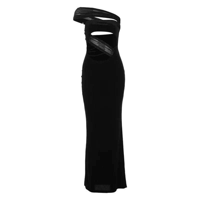 S / C603DS Black Bomblook K24DS057 Sexy Velvet Dress Slash Neck Womens Outfits Mesh Patchwork Dresses 2024 Spring Asymmetrical Evening Maxi Dress