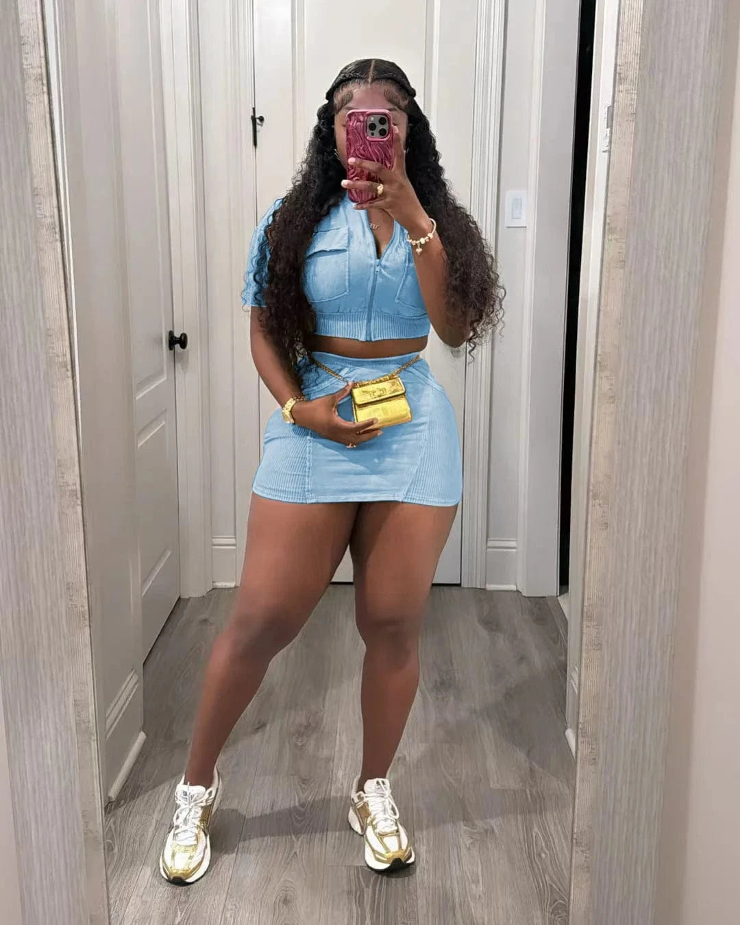 S / C608ST05 Light Blue Bomblook C608ST05 Fashion Denim Washed Short Jacket New Design Outfits Streetwear 2 Piece Skirt Set Women Summer