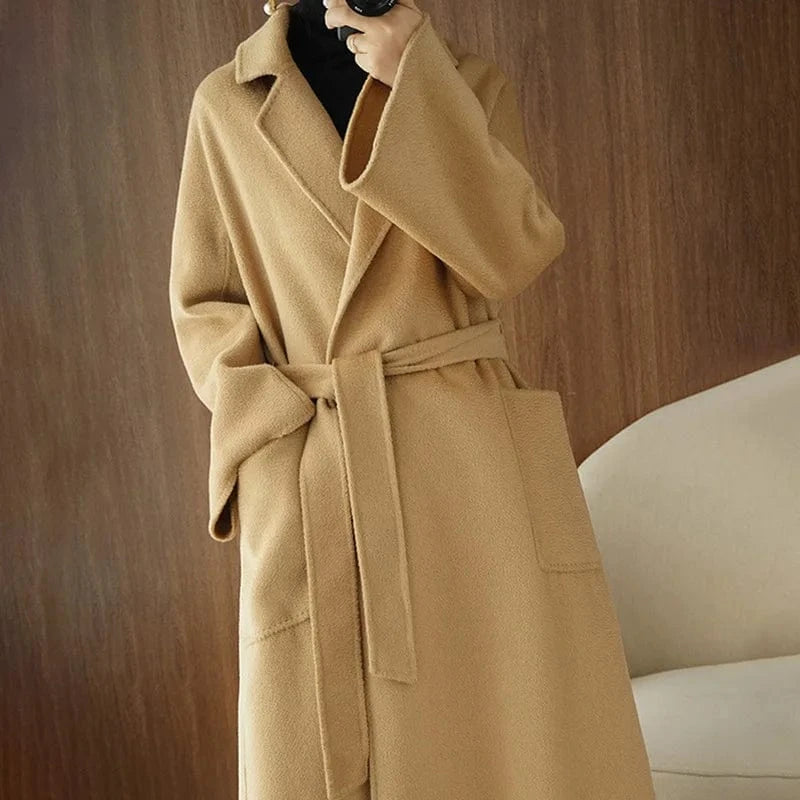 S / Camel Factory Loose Belted Wool Coats Water Wave Turn Down Collar Elegant Women Cashmere Coat