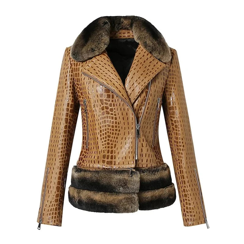 S / Camel Fashionable Crocodile Print Fur Trim Sheep Leather Shearling Jacket Women Leather Jacket With Detachable Rex Rabbit Fur