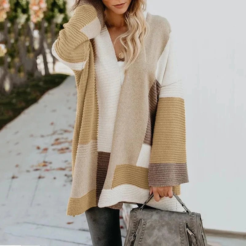 S / Champagne 2024 Custom Winter New Contrast Mixed Color Stripe Long Sleeve Cardigan Women Sweater Lady Clothing