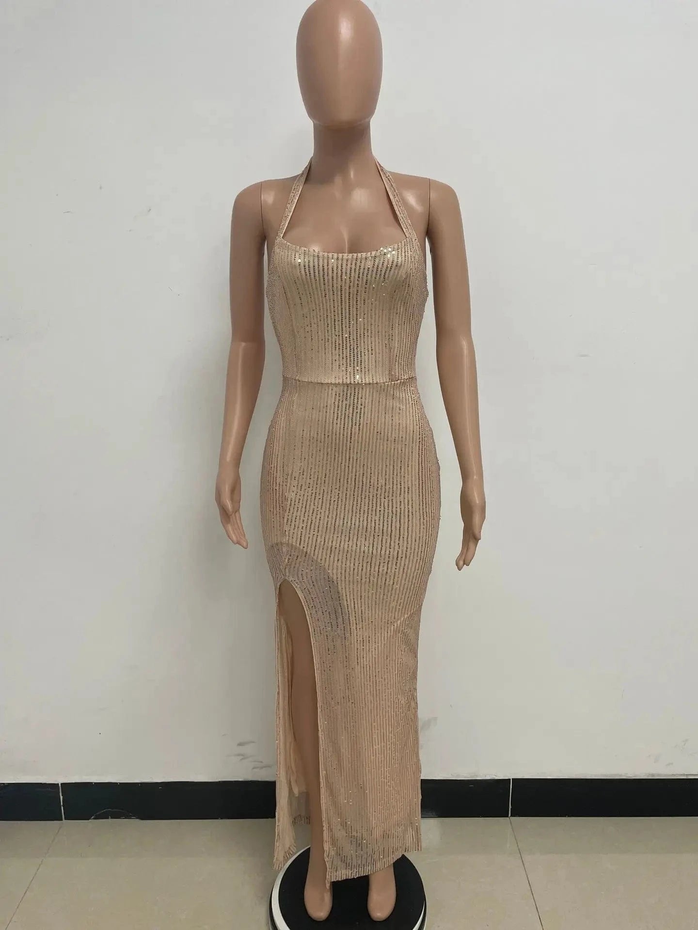 S / Champagne Glitter halter sleeveless backless split sliver gold black sexy prom lady maxi elegant party sequined evening dresses for women
