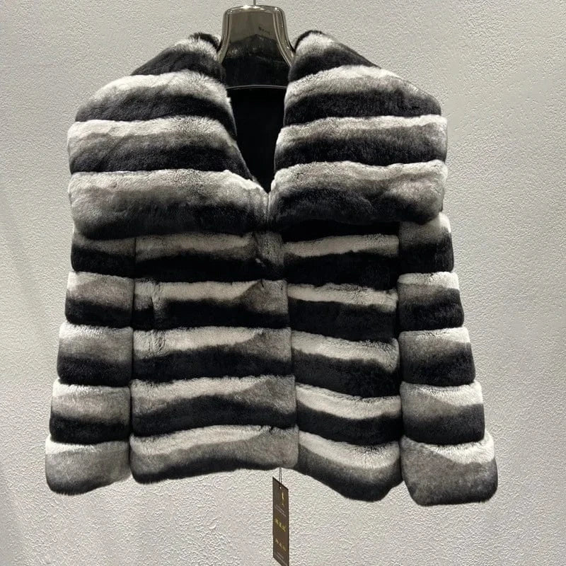 S / Chinchilla 2024 Women Winter Fashionable Real Rex Rabbit Fur Jacket with Bigger Collar Full Skin Thick Warmer Ladies Fur Coat