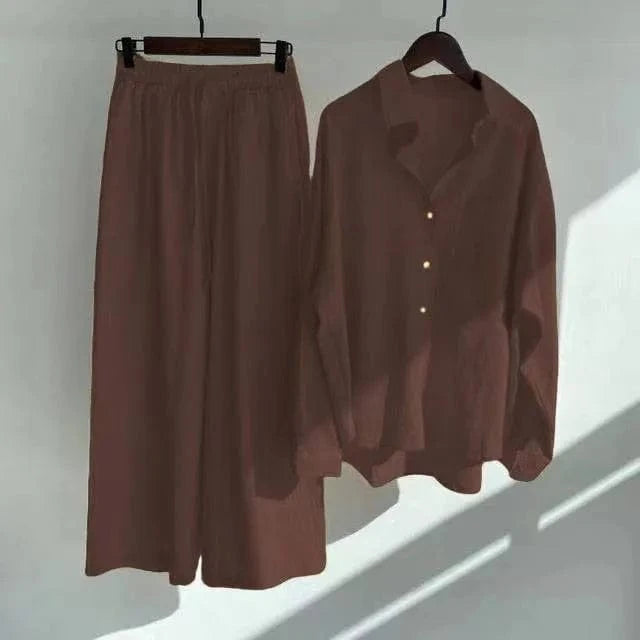 S / coffee New 2024 Hot Sale Chic Design Solid Color Long Sleeve Linen Blouse Pants Set Women Plus Size Two Pieces Sets