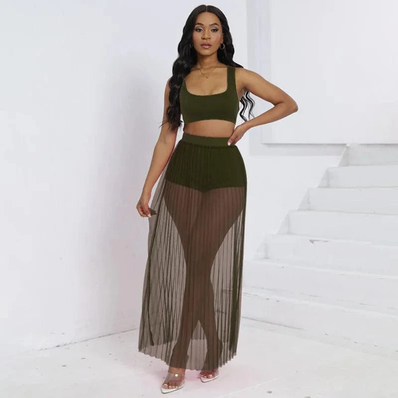 S / Color 1 Liu Ming March Expo 2024 Women Summer Beach Sheer Mesh Tank Tops And Shorts Sexy Skirts 3 Piece Set