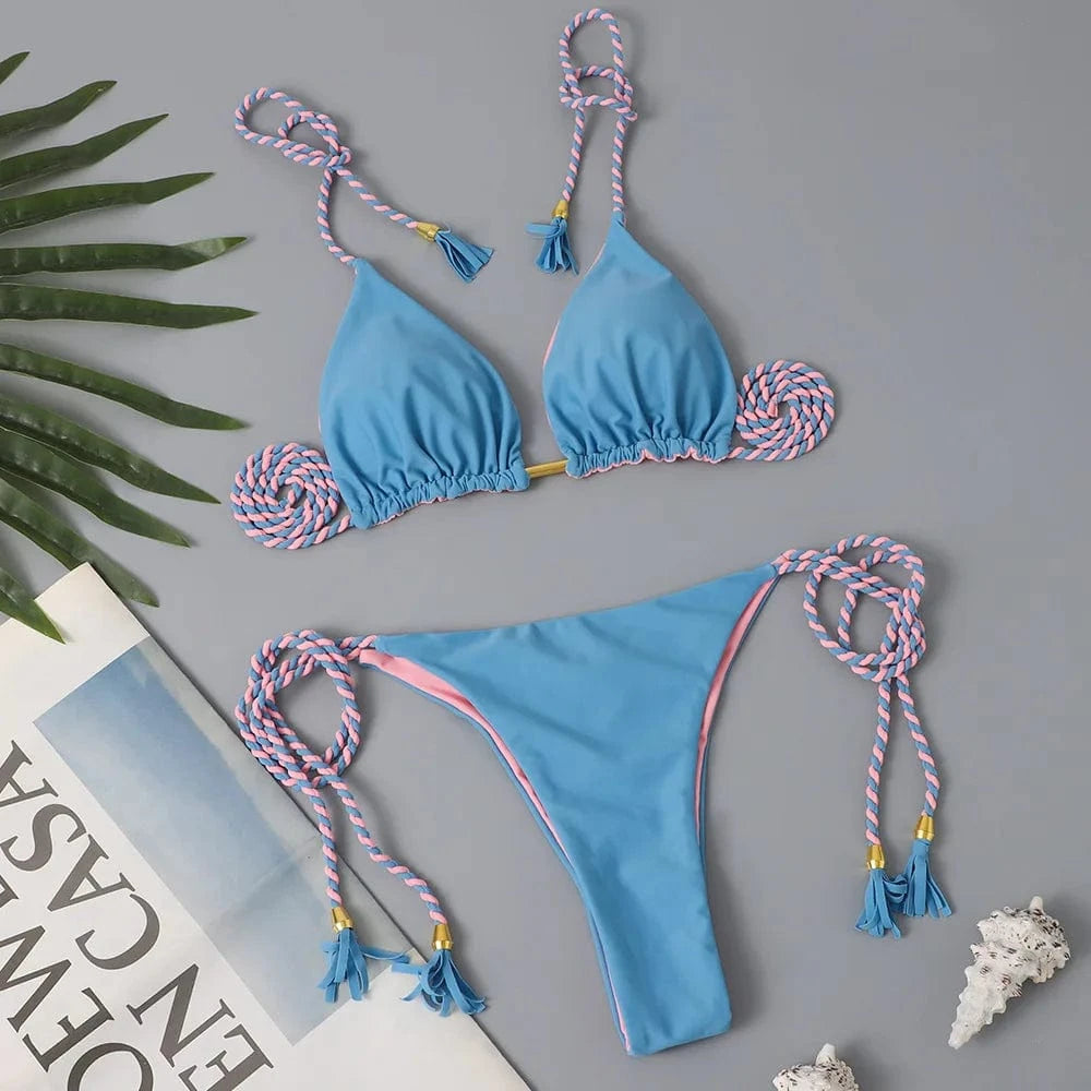 S / Color 2 2024 Thong Bikini Set Swimsuit Woman Sexy Bathing Suits Two Piece Bikinis Triangle Bandage Female Beachwear