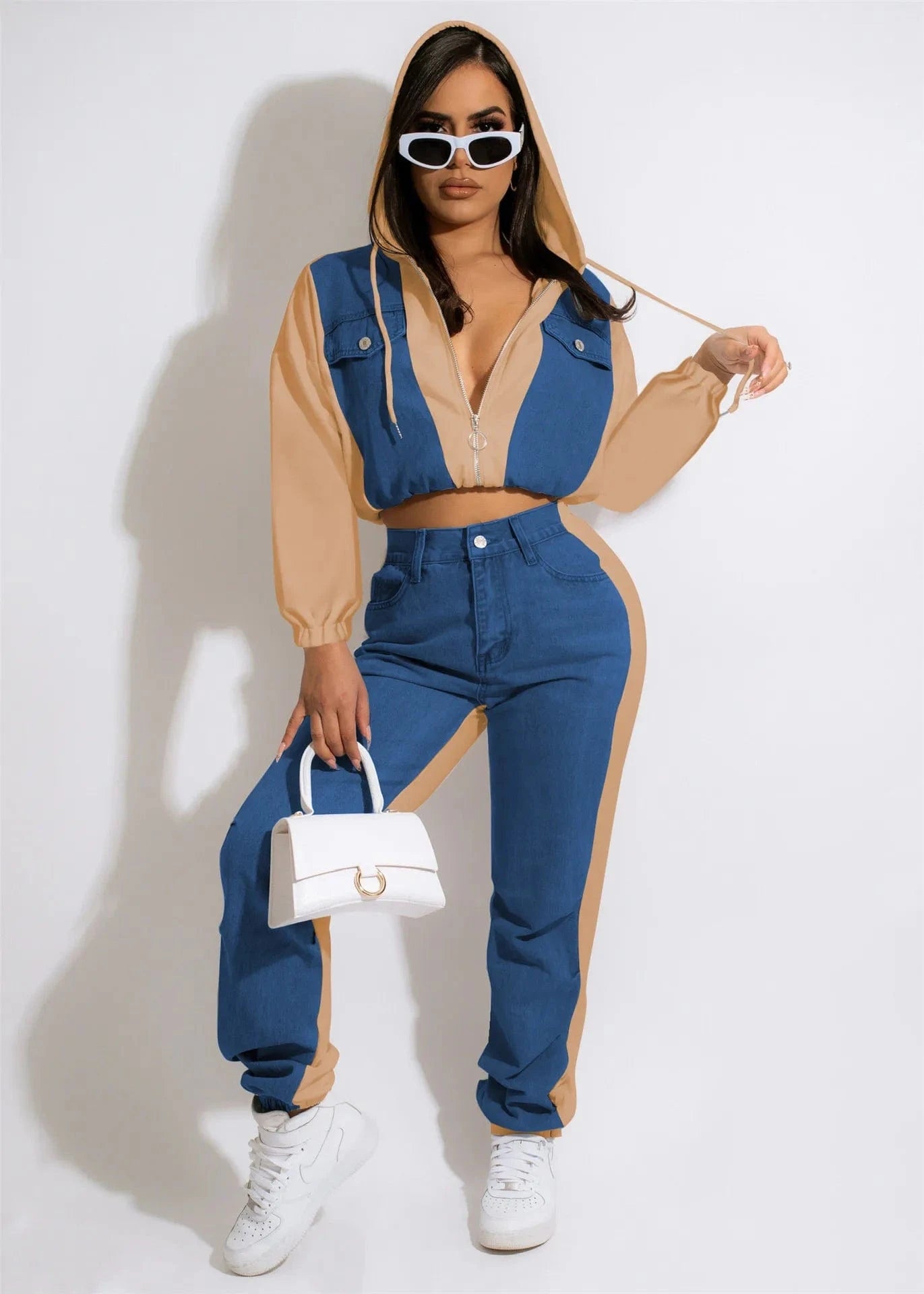 S / color 3 Custom denim hoodies sets women velvet 2 piece set jogger sweat suits sweatsuit denim lady tracksuit with hood for women