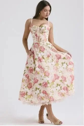 S / COLOR 3 Plus Size Lady Spring Summer Dress Floral Print Halter Long Dresses Casual Bohemian Sleeveless Women Beach Party Dress 2024