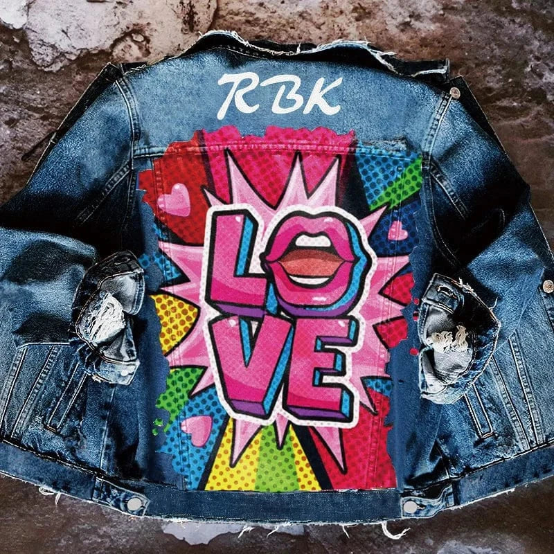 S / Cowboy blue DAMOCHIC Letter Print Women Winter Coats Denim Casual Fall Jackets Tops Love Pattern Long Sleeves Pockets Jean Jacket for Ladies