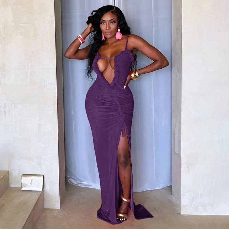 S / D24DS221 Purple Bomblook D24DS221 Mesh See Through Evening Wear Ruched Maxi Dress Bodycon Summer Sexy Party Slit Cami Dresses For Women 2024
