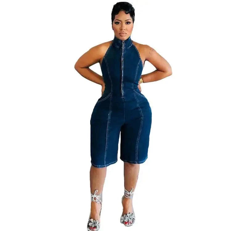 S / Dark blue 2024 New Fashion Jean Women Summer Clothing Solid Color Mock Neck Half Zip Up Jumpsuit Sleeveless One Piece Stretch Denim Romper