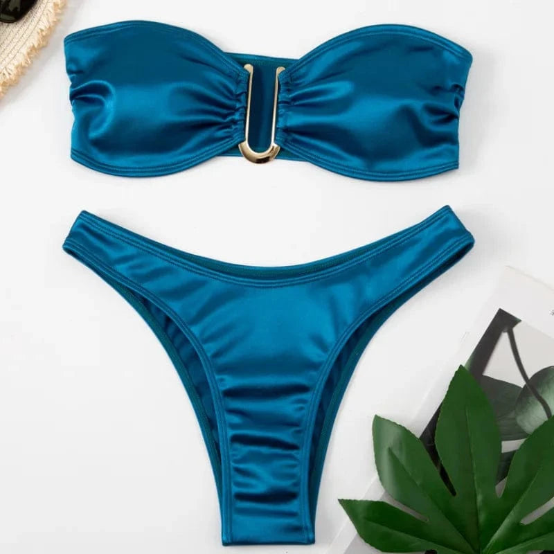 S / Dark blue 2024 Nwt U Ring Low Cut Bandeau Swimwear Bikini Sets High Cut Strapless Swimsuit Summer Beach Bahing Suit