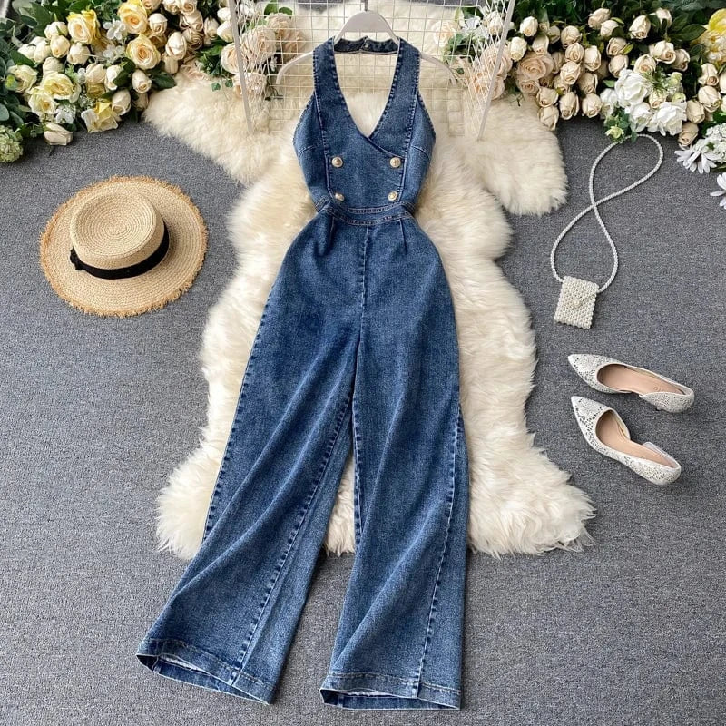 S / Dark blue Vintage Wide Leg Women'S Suspenders Sleeveless Denim Jumpsuit