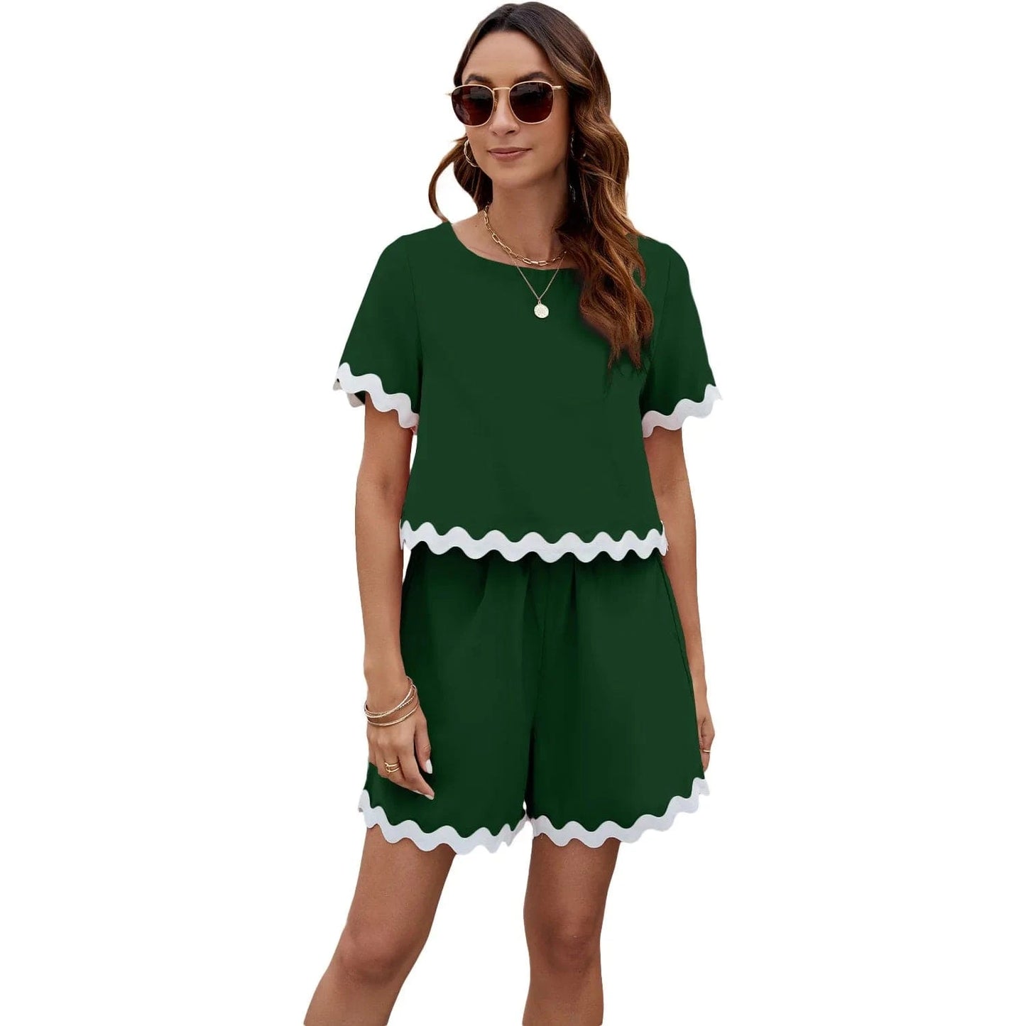 S / Dark Green Fashion Wave Stripe Patchwork Shorts Set for Women Causal O Neck Tops High Waist Shorts Female Summer Holiday Beach 2 Pieces Se