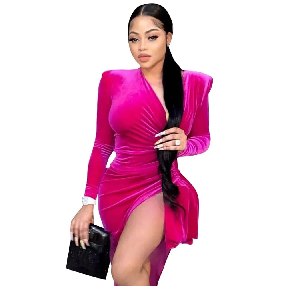 S / Dark pink Casual Women Dress Clothing Long Sleeve Velvet Ladies Winter Velour Dress Solid Bodycon Dress for Women