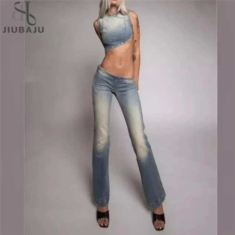 S / Denim Xs Size Denim Two Piece Set Women Jeans Suit Strapless Crop Top Slant Waist Flare Pants Casual Outfits