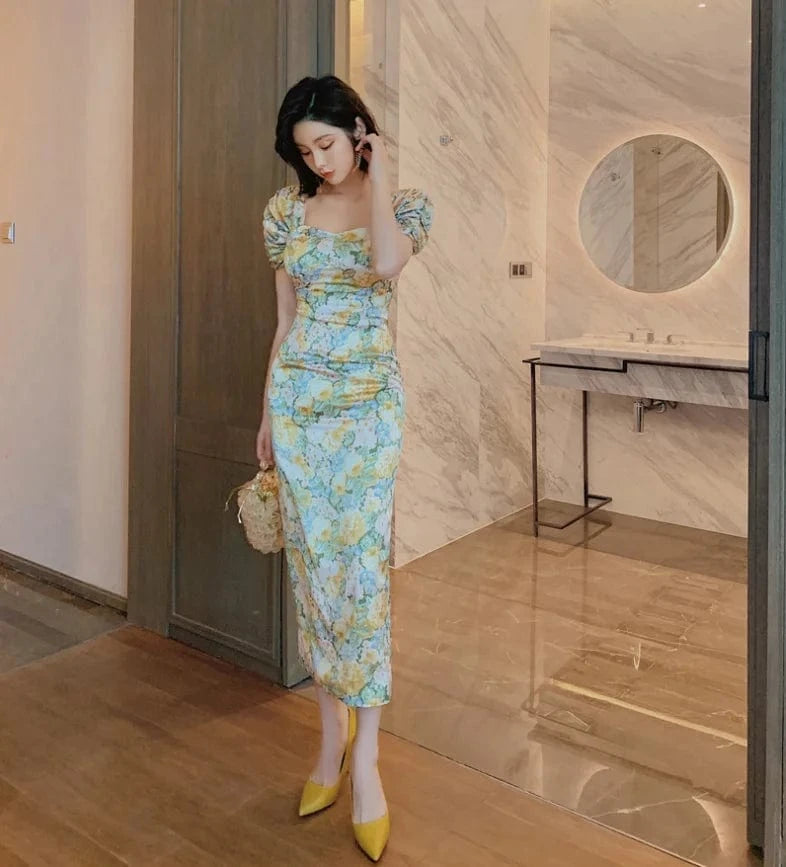 S / Floral ZYHT 3816 2024 Fashion Ladies Retro Strapless Casual Dresses Women Puff Sleeve Dress Floral Printed Dresses