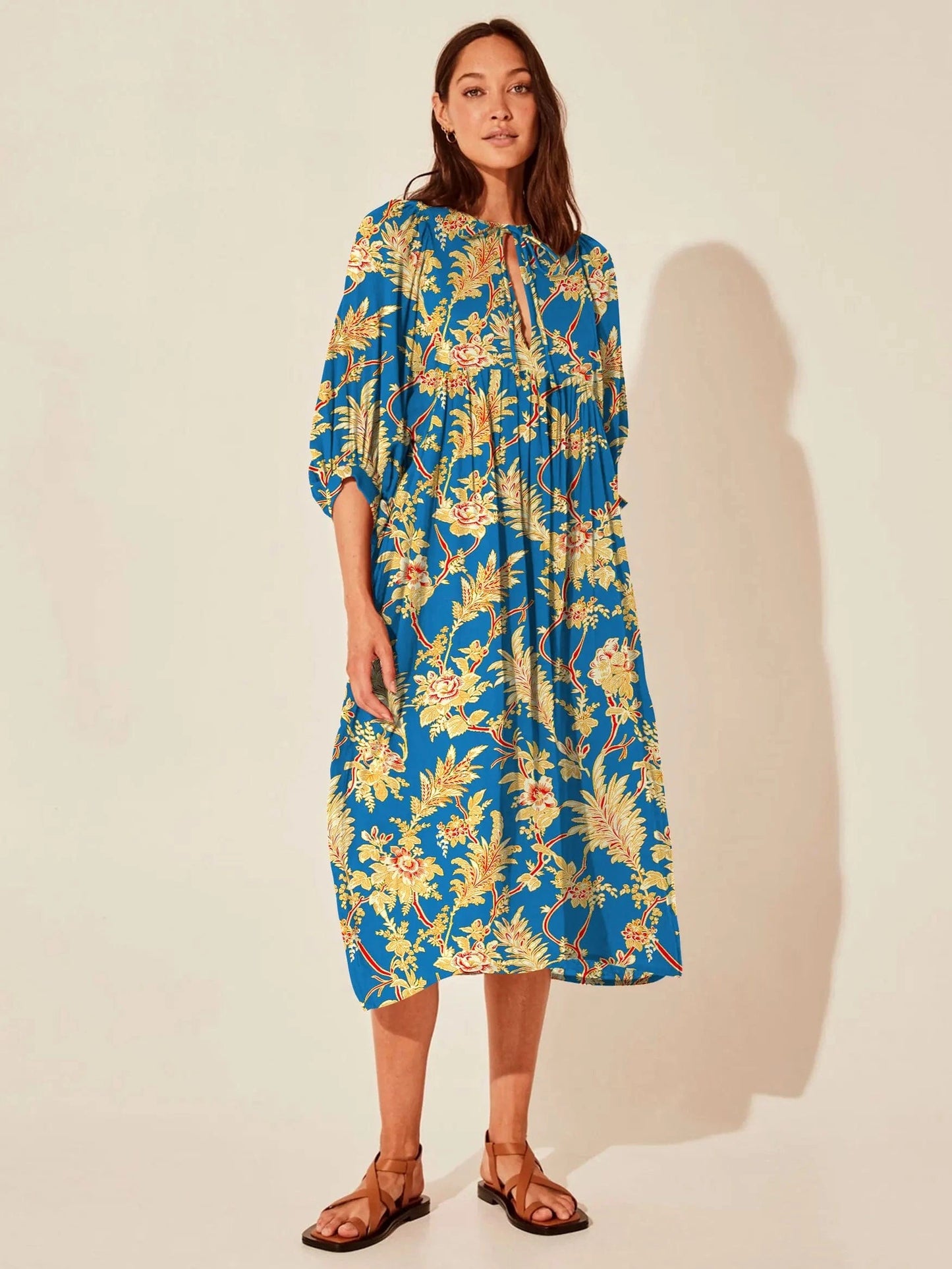 S / FQPR024 Wholesale Casual Beach Vacation Style Swing Boho Floral Maxi Dresses Short Sleeves Loose Plus Size Bohemian Dress
