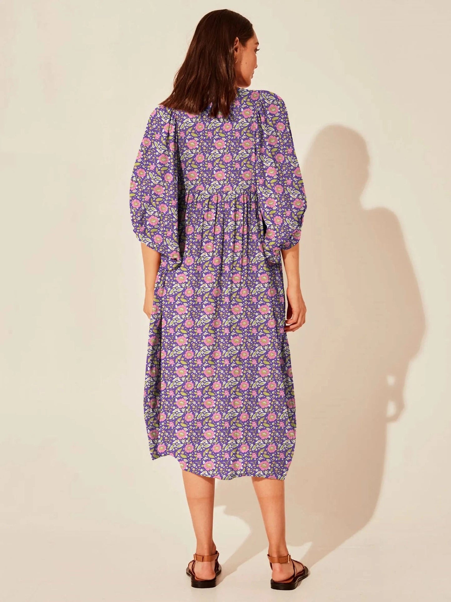 S / FQPR026 Wholesale Casual Beach Vacation Style Swing Boho Floral Maxi Dresses Short Sleeves Loose Plus Size Bohemian Dress