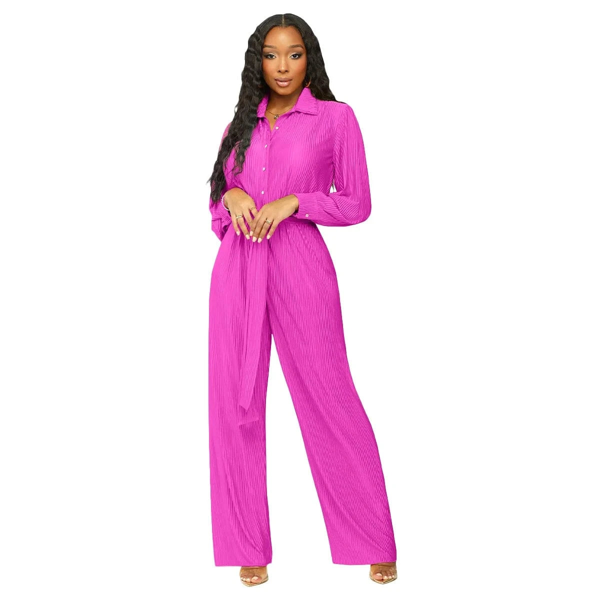 S / Fuchsia 2024 New Arrivals Hot Sale Pleat Fabric Women Wide Leg Jumpsuits Long Sleeve Plain Fall Outfit Elegance Slim Fit