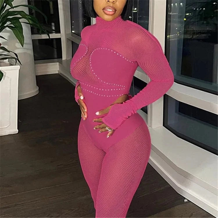 S / Fuchsia Crystal Women 2024 Spring Autumn Sexy Long Sleeve Party Club Mesh See Through Bodycon Black Jumpsuit