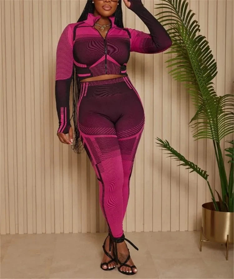 S / Fuchsia Women Printed Sports Tracksuit Fashion Long Sleeve T-Shirt And Legging Pants 2024 Fall Chic Two Piece Trousers Set