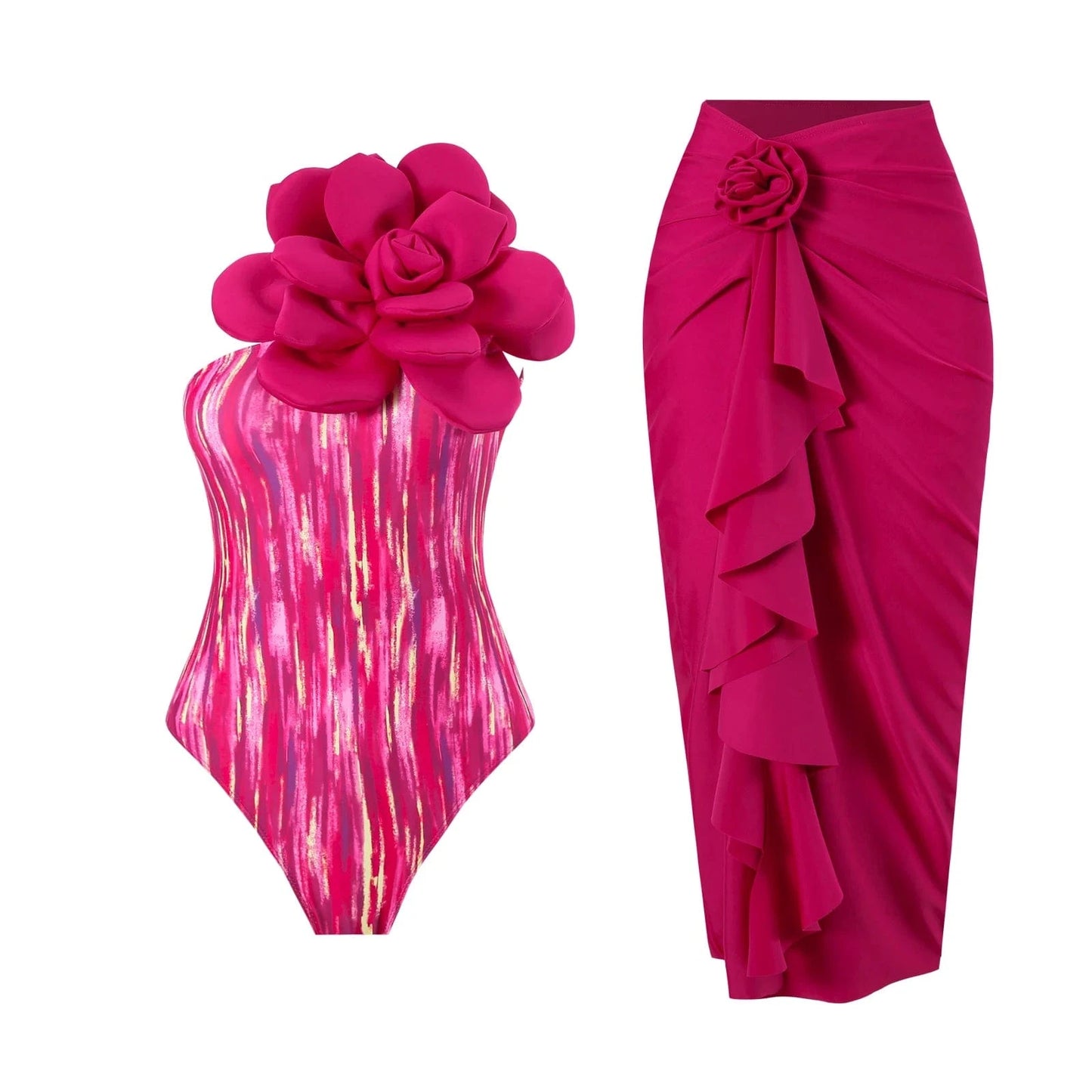 S / Full sets Bestwayclox 3D Flower Strapping One-piece Swimsuit and Skirt for Women Swimwear Female Luxury Beach wear Bathing Suit Stock 2024