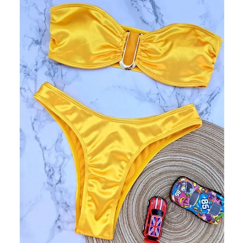 S / Gold 2024 Nwt U Ring Low Cut Bandeau Swimwear Bikini Sets High Cut Strapless Swimsuit Summer Beach Bahing Suit