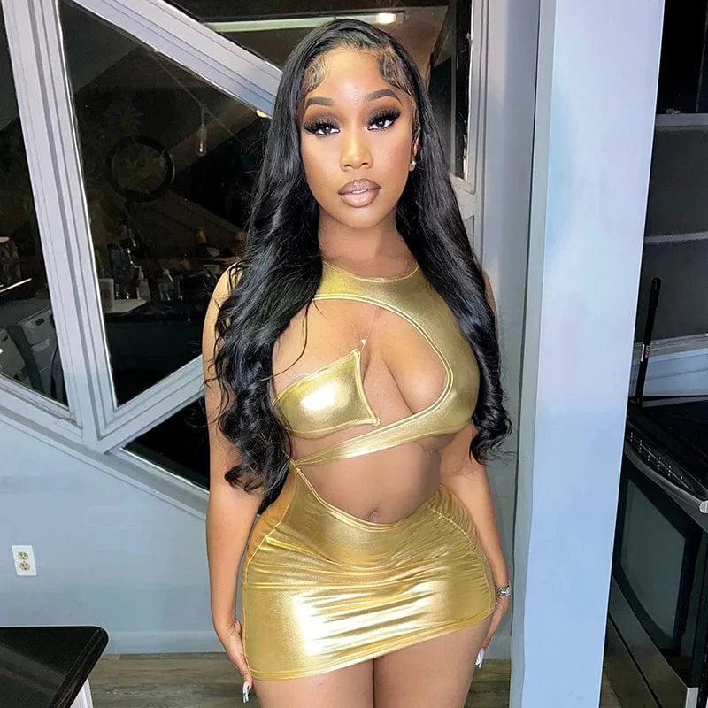 S / Golden Sexy Club Body Con Mini Dress Women Clothing Sexy Halter Hollow out  Bronzing Dress Womens Dresses for Ladies