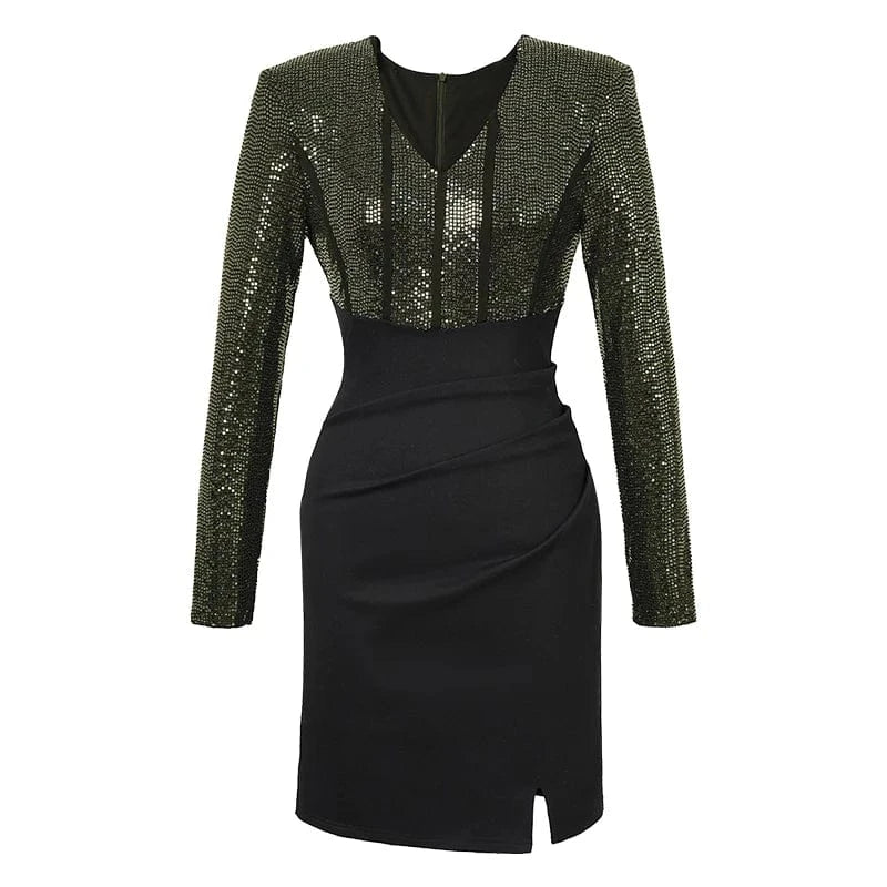 S / Golden ZYHT 50656 New 2024 Sexy Women Mini Patchwork Sequin Long Sleeve V Neck Tight Fit Spandex Pencil Dresses