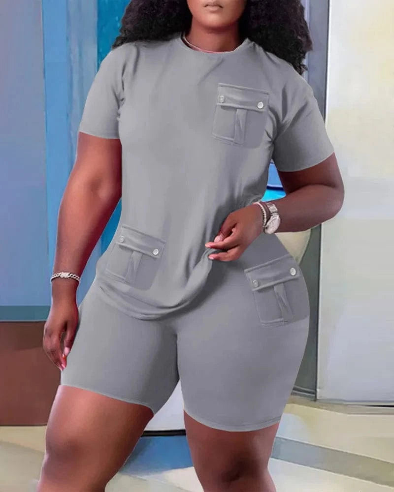 S / Gray 2024 European and American oversized women's fashion casual home short sleeved shorts set