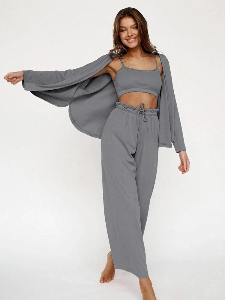 S / Gray 2024 Soft Touch Ribbed Drop Sleeves Sleepwear Pajama Set Winter Sleepwear Outfits Pants 3 Pieces Women's Clothing Sets Loose