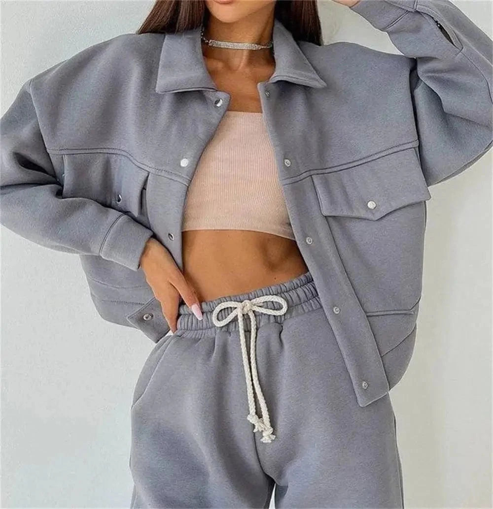 S / Gray Custom Winter Clothes for Women Pocket Workout Jacket Jogging 2 Two Piece Pants Set Sweat suit Tracksuits Sweatsuit fitness Set
