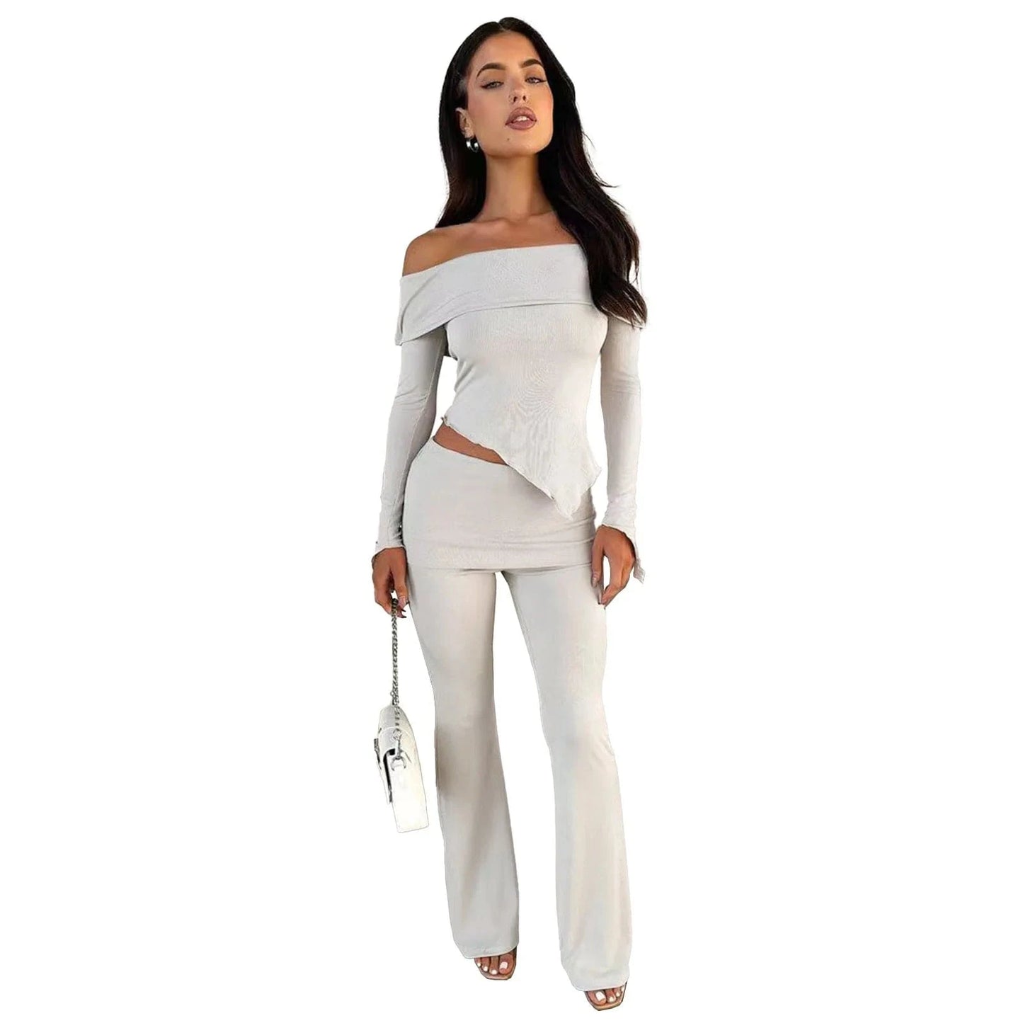 S / Gray Irregular One Shoulder Flap Over Flared Pants Women 2 Piece Set Spring For 2024 Lounge wear women sets custom logo