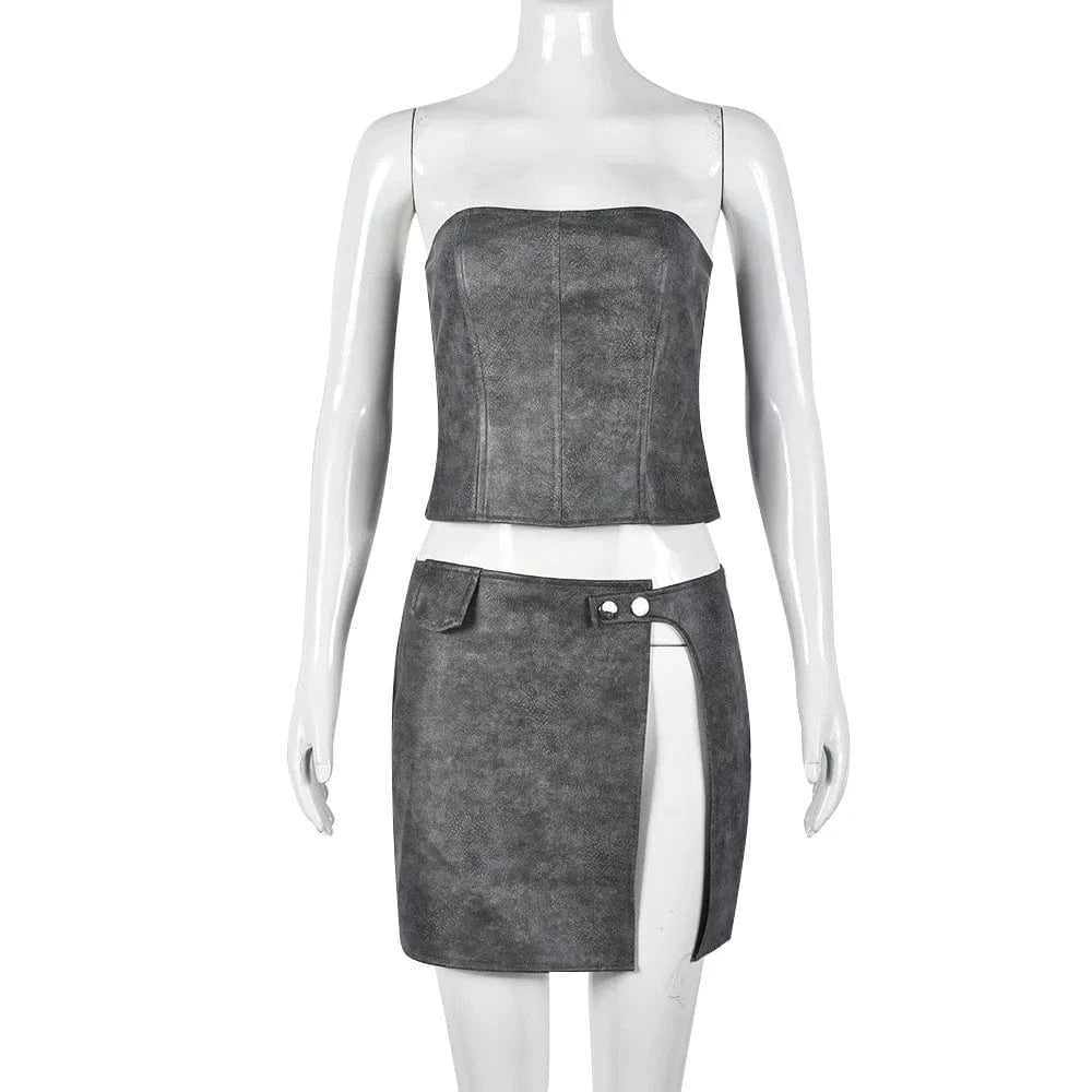 S / Gray Leather Skirt Outfits Sexy Club Women 2024 New Sleeveless Tube Top Mini Skirt Two Piece Set