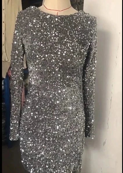 S / Gray Liu Ming Fashion Elegant 2024 Women Sexy Backless Sequins Long Sleeves Round Neck Wrap Hips Evening Party Bodycon Mini Dress
