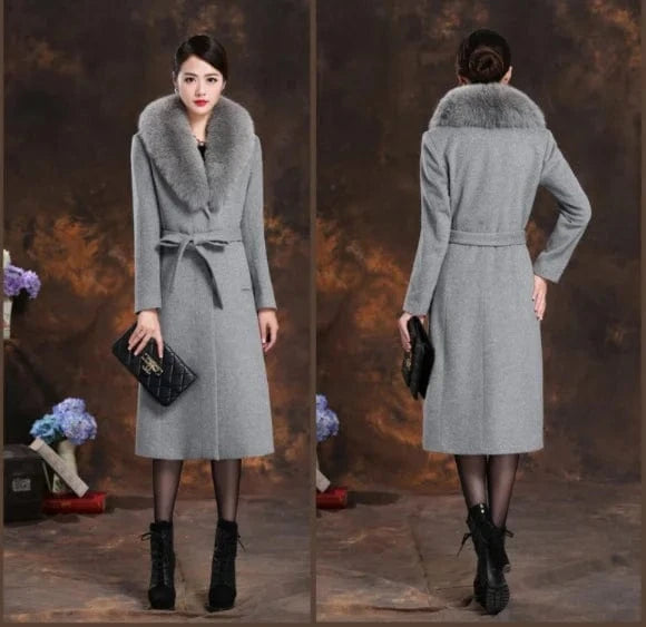 S / Gray Liu Ming New Winter Women Casual Faux Fur Collar Wool Jackets Plus Size Coat