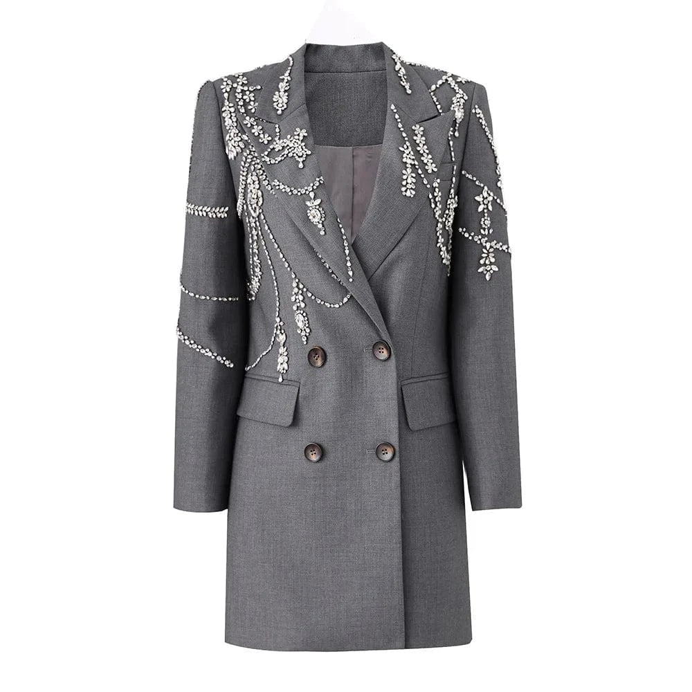 S / Gray Luxury Fine Workmanship Rhinestone Beading Double-breasted Long Sleeve Women Office Blazer Short Mini Notched Dress