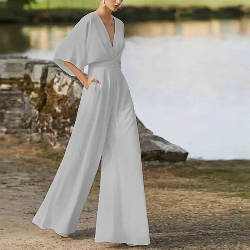S / Gray Plus Size Elegant Office Jumpsuits Women Long Rompers 2024 Summer Casual Solid Color Ruffled Off Shoulder Overalls Streetwear