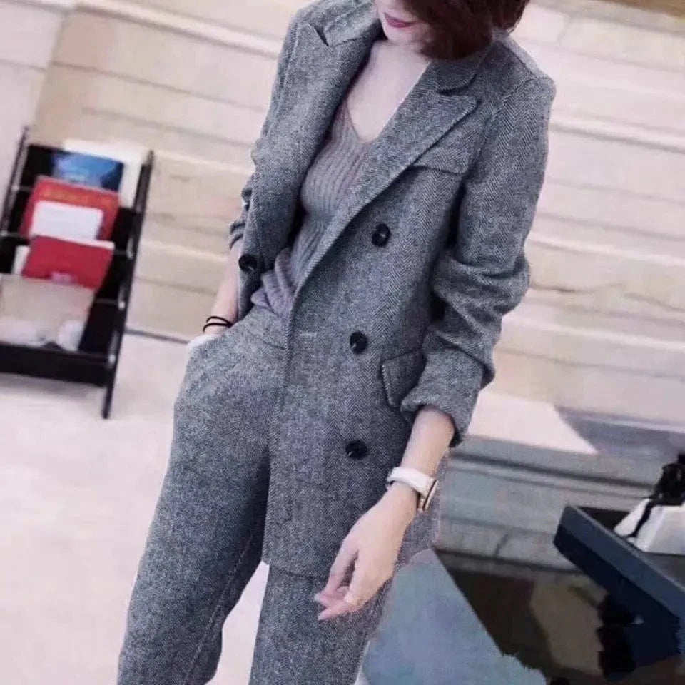 S / Gray S-3XL professional attire Woolen suit jacket Women's Autumn/Winter British Style Wool Suit Set