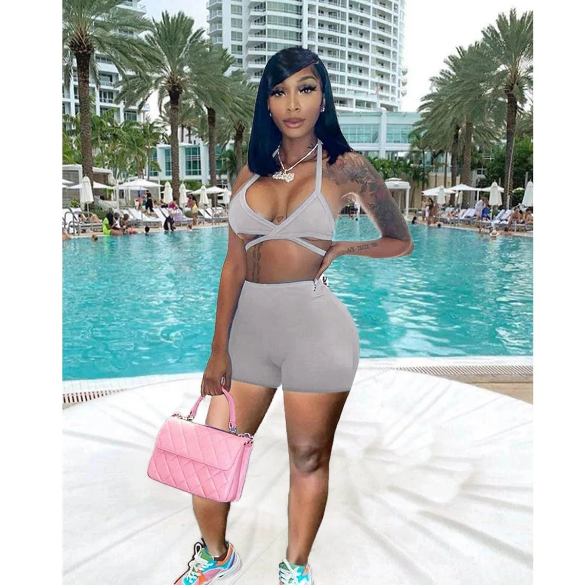 S / Gray Sports Casual Camisole Slim Shorts Summer Two Piece Set Women Short Set Clothing Sexy Crop Tops Set Custom