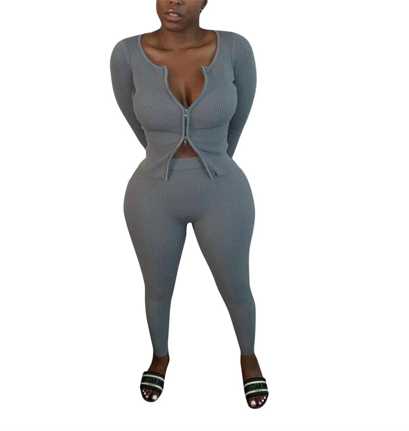 S / Gray spring 2024 cheap women double zipper crop top and butt lifting legging set high quality women casual clothing for women sexy